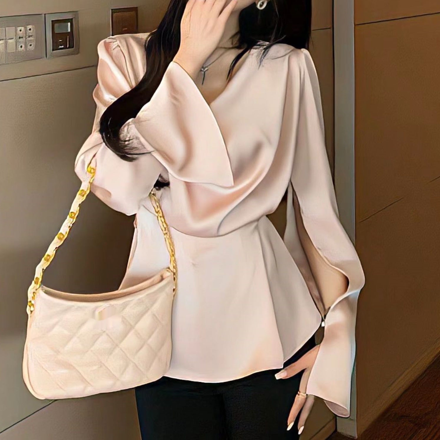High-end Irregular Bell Sleeve Waist-tight Graceful Satin Long Sleeve Shirt