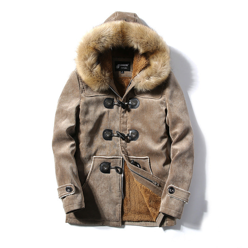 Furry Collar Horn Buckle Deer Velvet Leather Coat Men