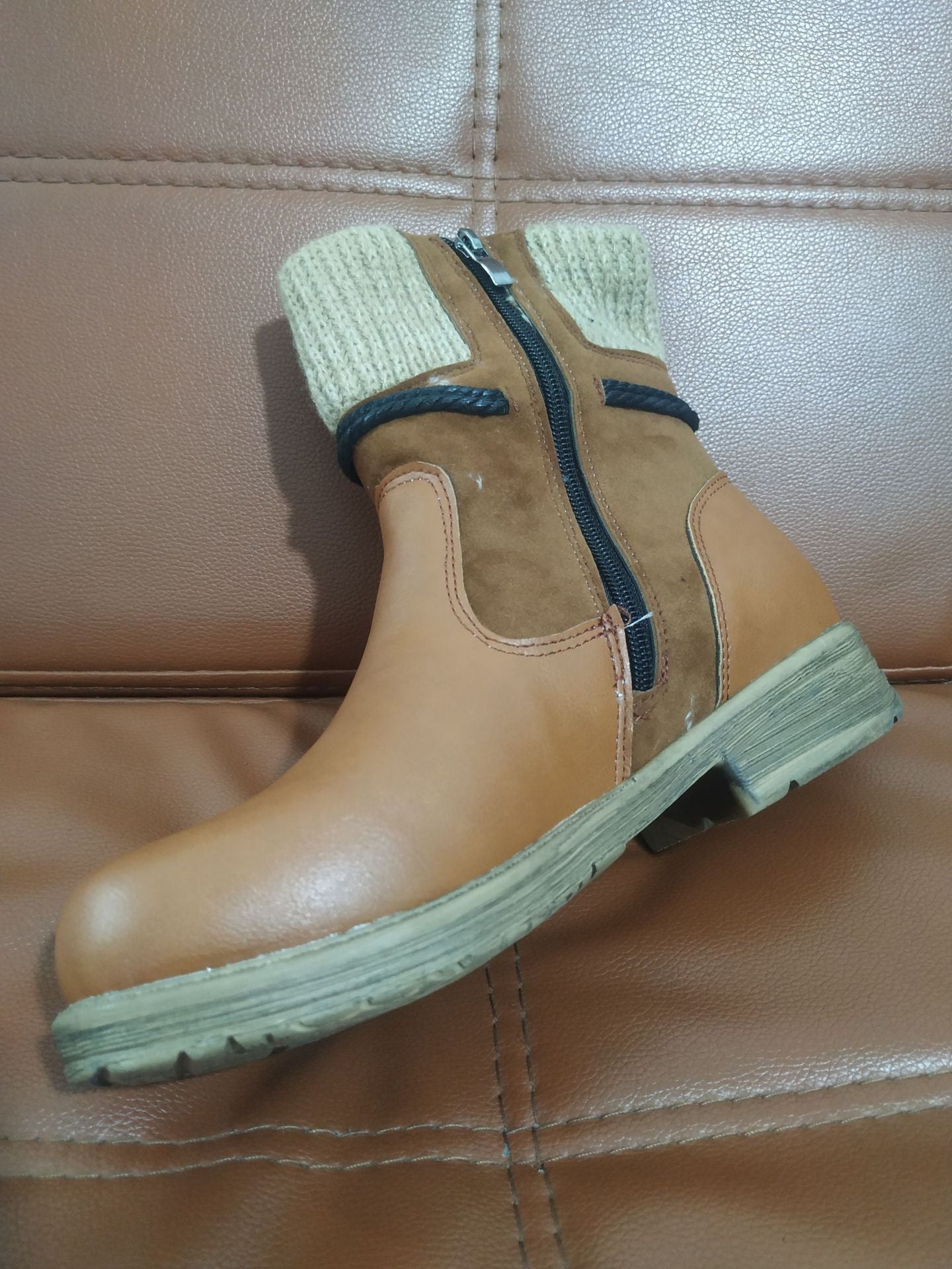 New Round Head European And Beautiful Leather Boots Thick-Soled Martin Boots Women'S Wool Mouth Net Red Women Boots