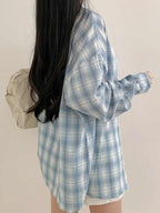 Blue Plaid Shirt For Women Loose Long Sleeve Jacket