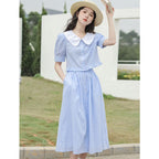 Blue Stripe College Style Skirt Design Two-piece Set