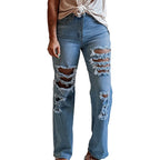 Ladies Trousers Washed And Worn Straight-leg Distressed Jeans