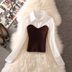 Women's Black And White Contrast Color Knitted Stitching Fake Two Pieces Shirts