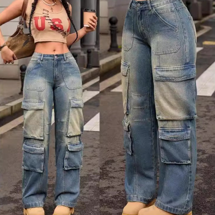 Retro Nostalgic Washed Multi-pocket Cargo Pants Straight Jeans